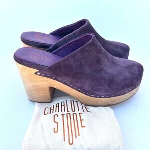 New Charlotte Stone Marlo Suede Heeled Clogs Plum Purple 9 Boho Bohemian
